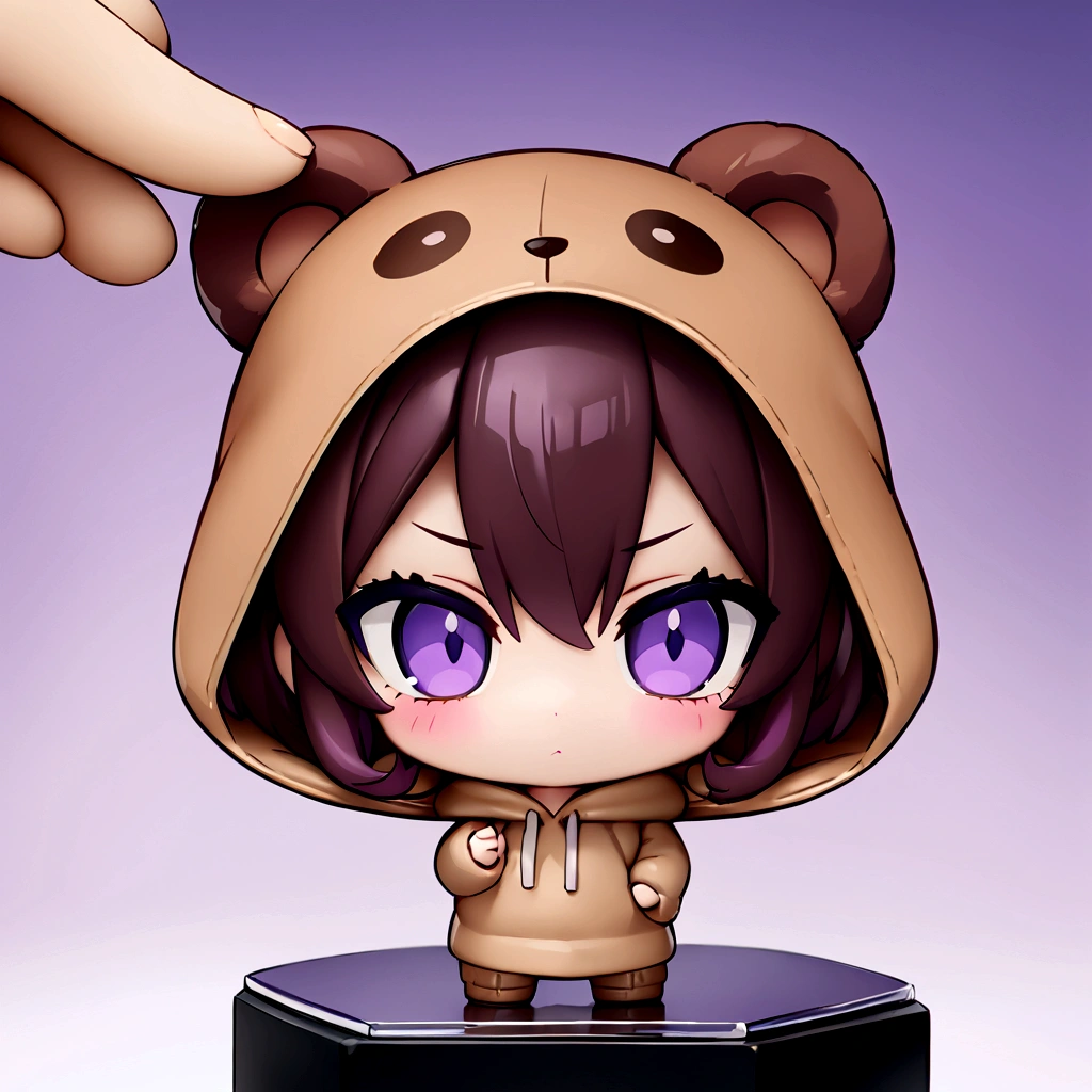 Brown Hair、Wearing a bear hood、Wear a hooded blanket with bear ears、Chibi Character、Nendoroid、Brown Hairロングヘアー、(masterpiece, best quality:1.2), Purple Eyes、purple backdrop、Wearing a brown bear hoodie、An illustration