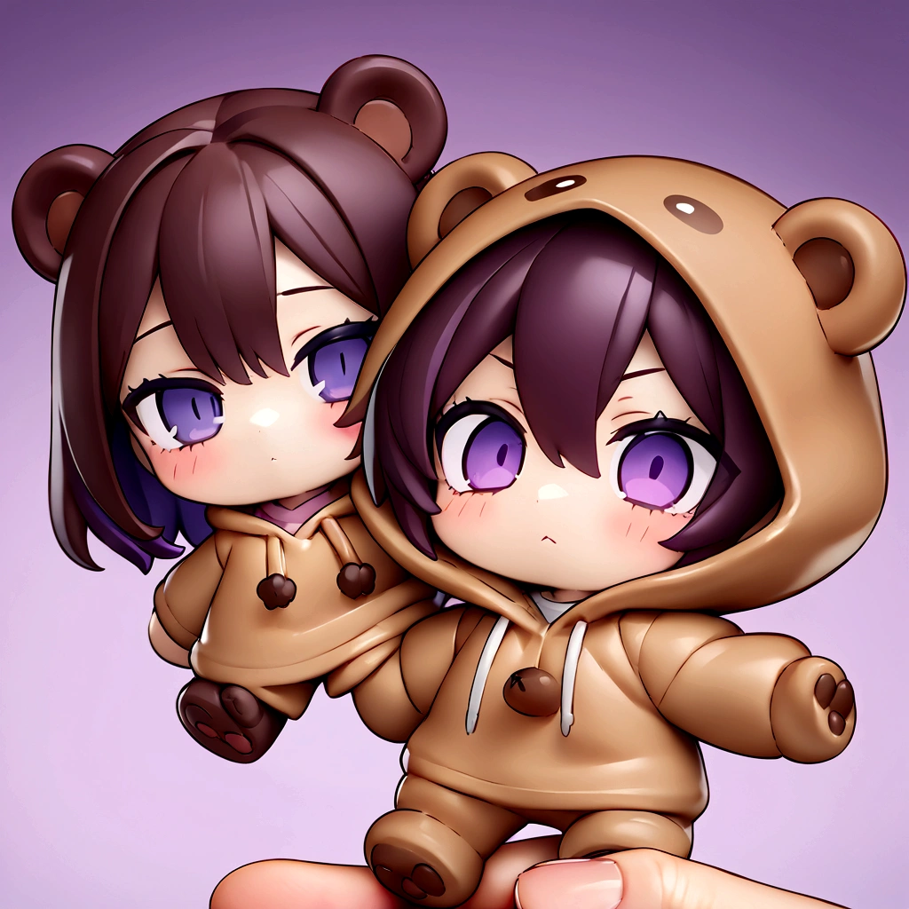 Brown Hair、Wearing a bear hood、Wear a hooded blanket with bear ears、Chibi Character、Nendoroid、Brown Hairロングヘアー、(masterpiece, best quality:1.2), Purple Eyes、purple backdrop、Wearing a brown bear hoodie、An illustration