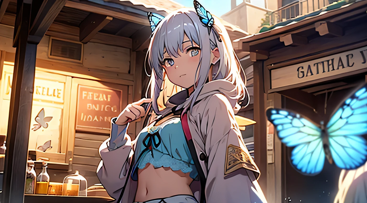 magical atmosphere, in a small Middle Ages type town, outside a cantina, trying to catch a blue phosphorescent butterfly with a yellow aura with a net, she wears a white sweatshirt with light pink details and underneath a red bra, a white mini skirt and has silver hair with a red ribbon, glowing blue-white eyes.