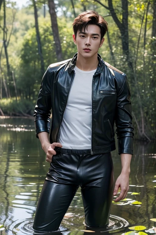 ((best quality)), ((masterpiece)), (detailed)A crotch bulge,A handsome man in Ultraman tight leather jacket after being defeated in a battle with a monster,Handsome man fell in the swamp。