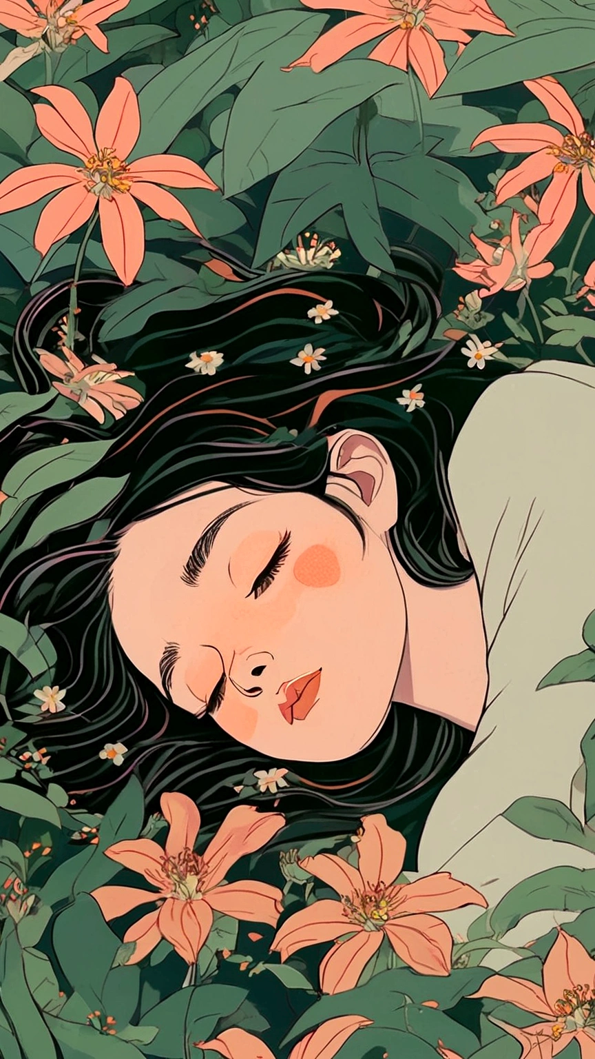 illustration of a woman laying in a field of flowers, inspired by Asaf Hanuka, dreamy illustration, laurie greasley and james jean, phil noto and james jean, inspired by Tomer Hanuka, lofi portrait, jen bartel, in style of digital illustration, inspired by James Jean, published art, girl in a bed of flowers