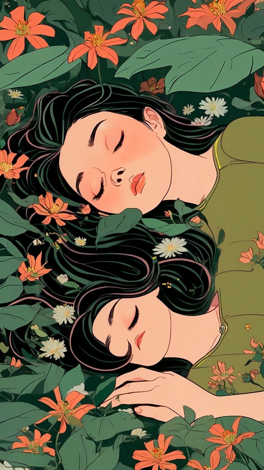 illustration of a woman laying in a field of flowers, inspired by Asaf Hanuka, dreamy illustration, laurie greasley and james jean, phil noto and james jean, inspired by Tomer Hanuka, lofi portrait, jen bartel, in style of digital illustration, inspired by James Jean, published art, girl in a bed of flowers