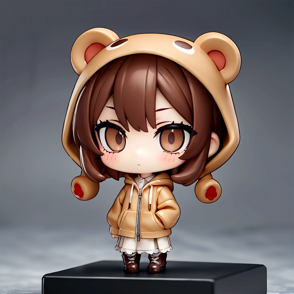 Brown Hair、Wearing a bear hood、Wearing a bear ear hoodie、Chibi Character、Nendoroid、Brown Hairロングヘアー、(masterpiece, best quality:1.2), An illustration