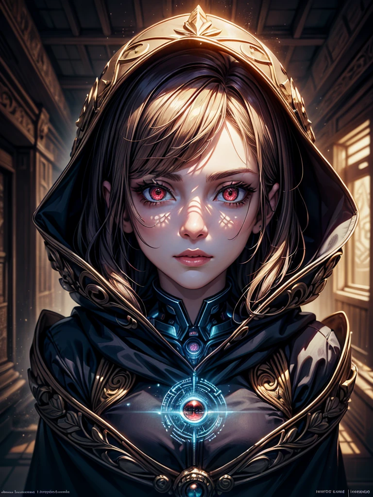 masterpiece,beautiful face,perfect illumination, detailed background,krystal_boyd
digital art of a cybernetic mystic in an ancient corridor. The figure has a half robotic face and half human face with a single glowing red eye and is wearing a hooded cloak with golden ornate patterns. The mystic's armor combines metal and glowing runes, suggesting a blend of magic and technology. Focus on high detail and contrast, with a balance between the fantastical elements and the grounded, realistic textures, very intricate detail,、sultry look, seductive,
