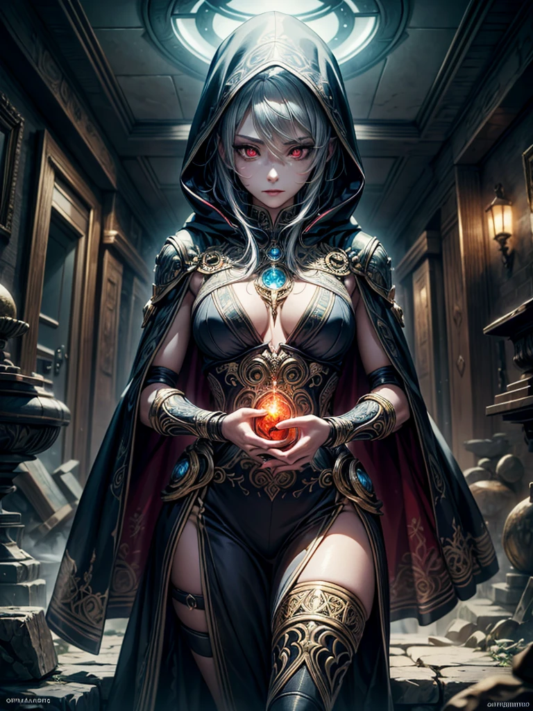 masterpiece,beautiful face,perfect illumination, detailed background,krystal_boyd
digital art of a cybernetic mystic in an ancient corridor. The figure has a half robotic face and half human face with a single glowing red eye and is wearing a hooded cloak with golden ornate patterns. The mystic's armor combines metal and glowing runes, suggesting a blend of magic and technology. Focus on high detail and contrast, with a balance between the fantastical elements and the grounded, realistic textures, very intricate detail,、sultry look, seductive,
