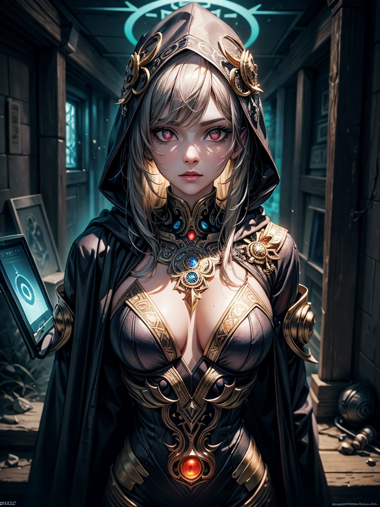 masterpiece,beautiful face,perfect illumination, detailed background,krystal_boyd
digital art of a cybernetic mystic in an ancient corridor. The figure has a half robotic face and half human face with a single glowing red eye and is wearing a hooded cloak with golden ornate patterns. The mystic's armor combines metal and glowing runes, suggesting a blend of magic and technology. Focus on high detail and contrast, with a balance between the fantastical elements and the grounded, realistic textures, very intricate detail,、sultry look, seductive,