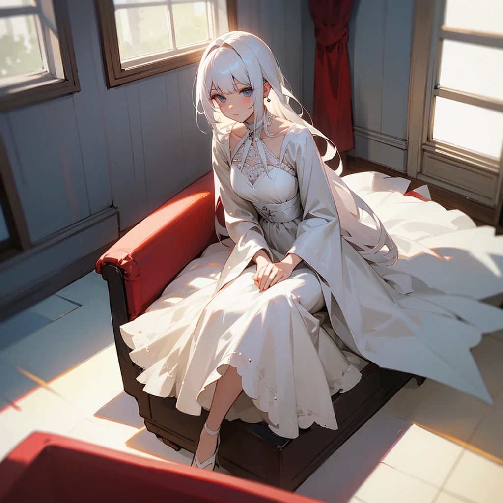 1  with white hair,sitting by the window,Put on a dress.