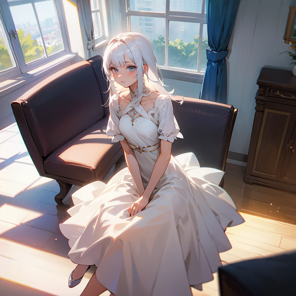 1 with white hair,sitting by the window,Put on a dress.