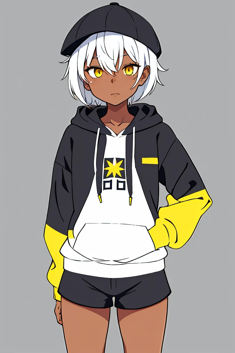 tsunako, 1girl, tomboy, hat, pixie cut, dark skin female, flat chest, shirt, hoodie, shorts, white hair, yellow eyes