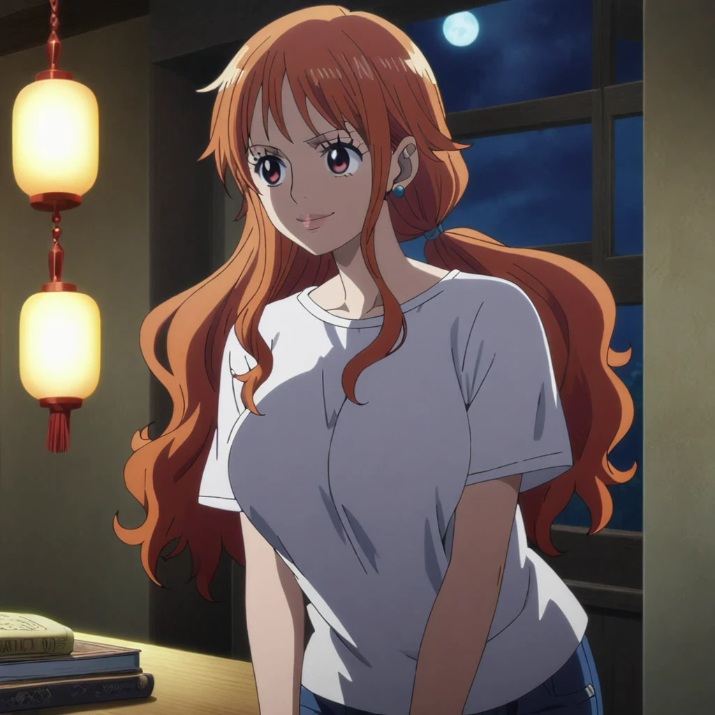 1girl, female nami, anime screencap from one piece, nami female version, solo, long_hair, Red eyes ((Red_hair, swept bangs)), night view, (hanging breasts) upper_body, smile, indoors, book, red_eyes, lips, (high ponytail) ((wearing casual outfit)) breast, "very detailed and high resolution" (Red eyes) ((long hair)) ((solo)) (front view) (earings) ((high resolution)) ((good quality)) ((swept bangs)) ((full body))