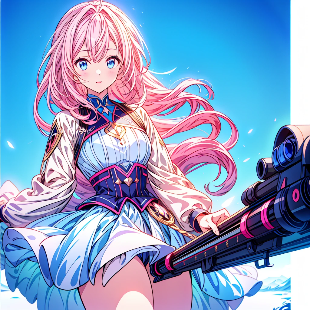 One girl、[17277fbe68],He threatened Hideo.、high quality、Maximum details、(((最high quality、masterpiece、Official Art、Best dynamic composition)))、(Thin Hair)、(Tabletop, 最high quality), Very detailed, Anime Style, whole body, Cyberpunk Girl, Gripping a high-tech rifle, Milky white and pink hair, Sparkling blue eyes, Wearing a magical girl costume , 8K high resolution, Trend Art Station, White Background, Standing in the Wilderness, whole body,