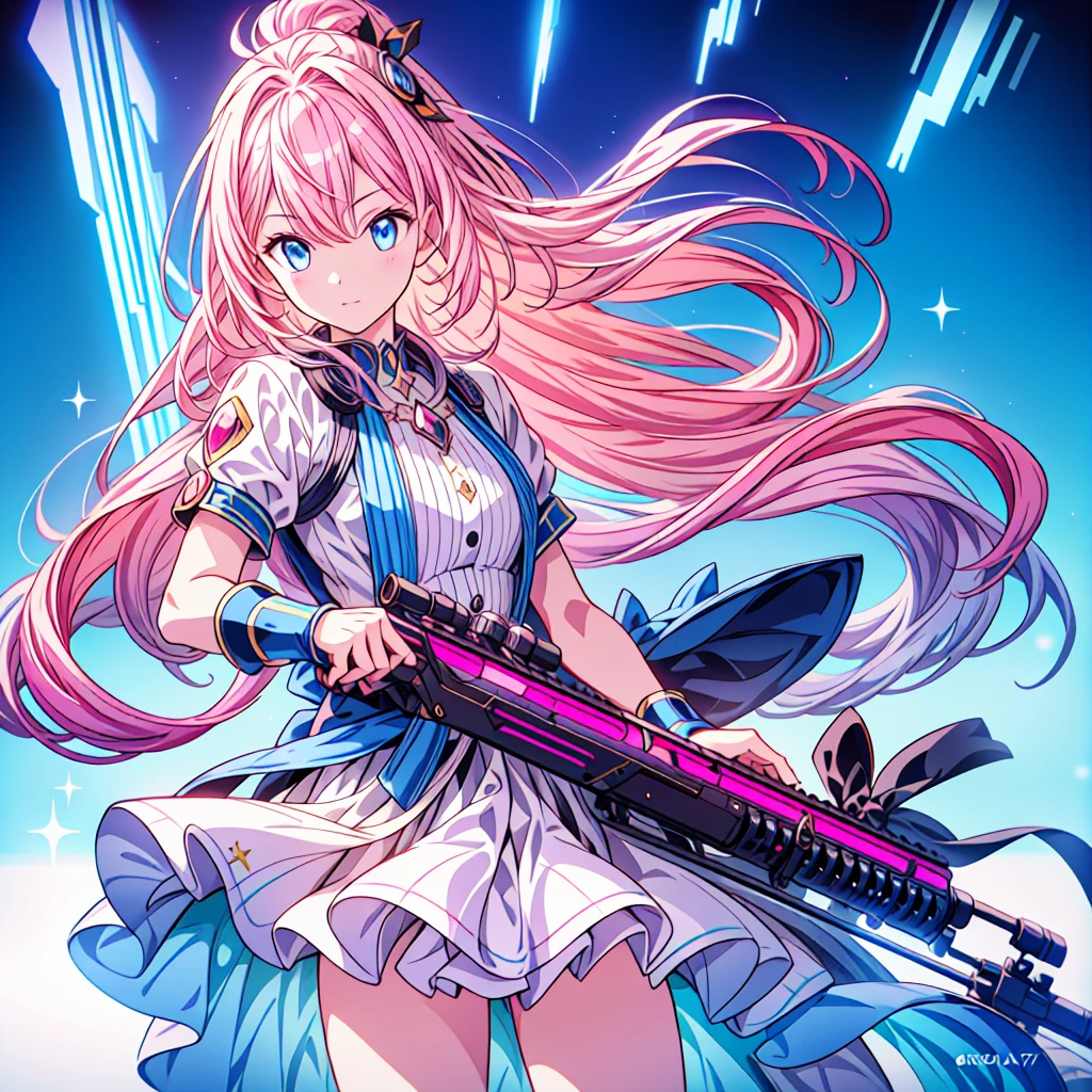 One girl、[17277fbe68],He threatened Hideo.、high quality、Maximum details、(((最high quality、masterpiece、Official Art、Best dynamic composition)))、(Thin Hair)、(Tabletop, 最high quality), Very detailed, Anime Style, whole body, Cyberpunk Girl, Gripping a high-tech rifle, Milky white and pink hair, Sparkling blue eyes, Wearing a magical girl costume , 8K high resolution, Trend Art Station, White Background, Standing in the Wilderness, whole body,