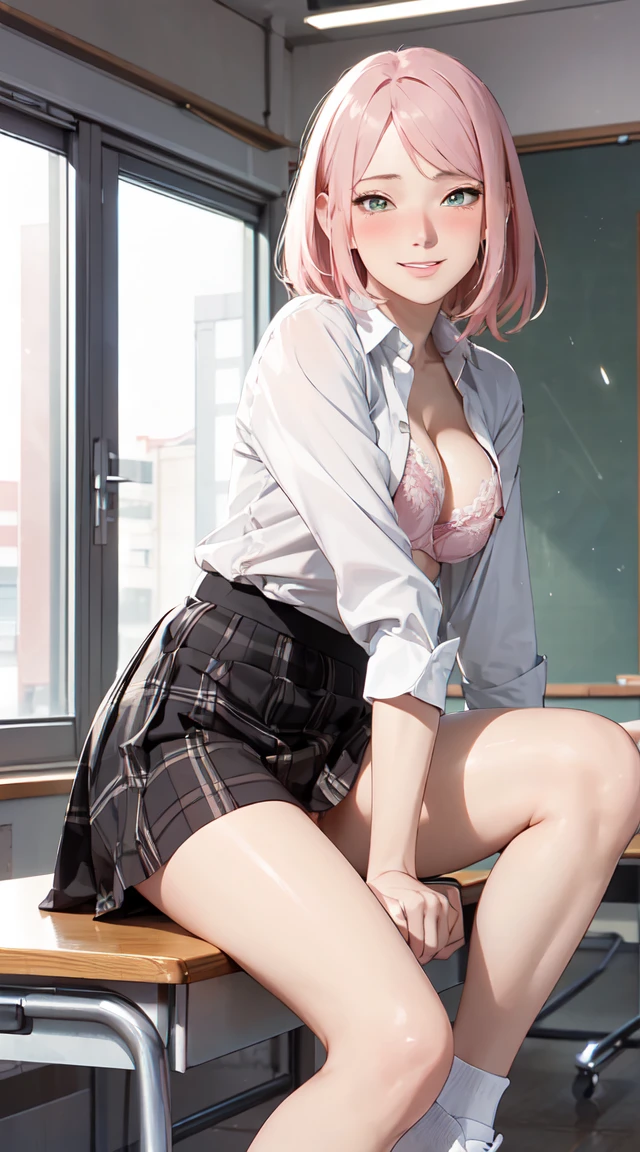 table top, highest quality, High resolution, perfect pixel, 4k, , 1 girl, single, alone, beautiful woman、I could see the whole body、 short wavy hair, bangs, white hair, red eyes, beautiful eyelashes, realistic eyes, ((detailed face, blush:1.2)), ((smooth texture:0.75, realistic texture:0.65, realistic:1.1, Anime CG style)), medium breasts, dynamic angle, perfect body, ((school uniform, white shirt, black skirt, unbuttoned shirt、plaid skirt、white socks)), classroom without people、sit at desk、..、evening、Very embarrassing panic smile、(lift the skirt with your right hand、open legs、open knees wide, pussy , pussy line, pussy)、(pink lace bra)、angle from below, pussy line, pussy visible, pussy ,open legs