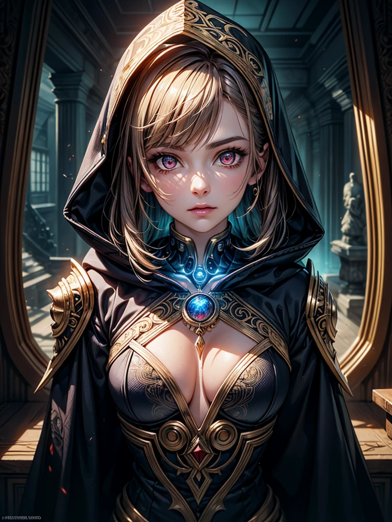 masterpiece,beautiful face,perfect illumination, detailed background,krystal_boyd
digital art of a cybernetic mystic in an ancient corridor. The figure has a half robotic face and half human face with a single glowing red eye and is wearing a hooded cloak with golden ornate patterns. The mystic's armor combines metal and glowing runes, suggesting a blend of magic and technology. Focus on high detail and contrast, with a balance between the fantastical elements and the grounded, realistic textures, very intricate detail,、sultry look, seductive,