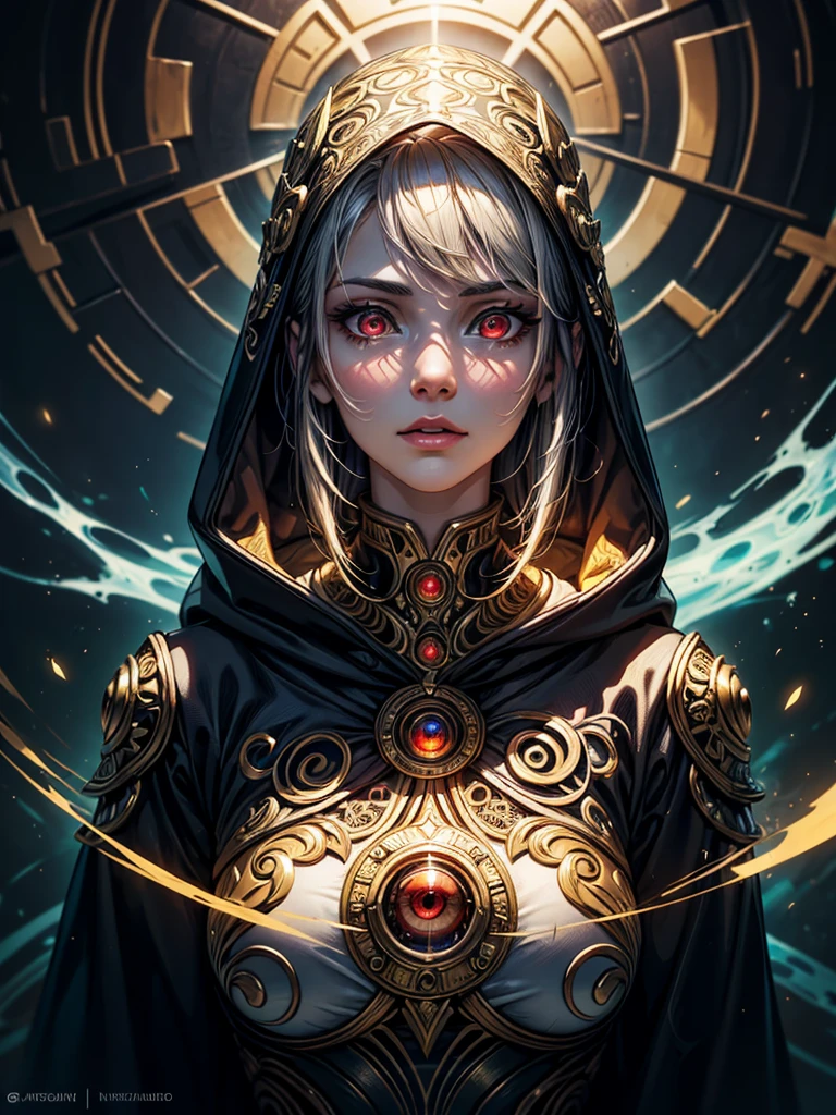 masterpiece,beautiful face,perfect illumination, detailed background,krystal_boyd
digital art of a cybernetic mystic in an ancient corridor. The figure has a half robotic face and half human face with a single glowing red eye and is wearing a hooded cloak with golden ornate patterns. The mystic's armor combines metal and glowing runes, suggesting a blend of magic and technology. Focus on high detail and contrast, with a balance between the fantastical elements and the grounded, realistic textures, very intricate detail,、sultry look, seductive,
