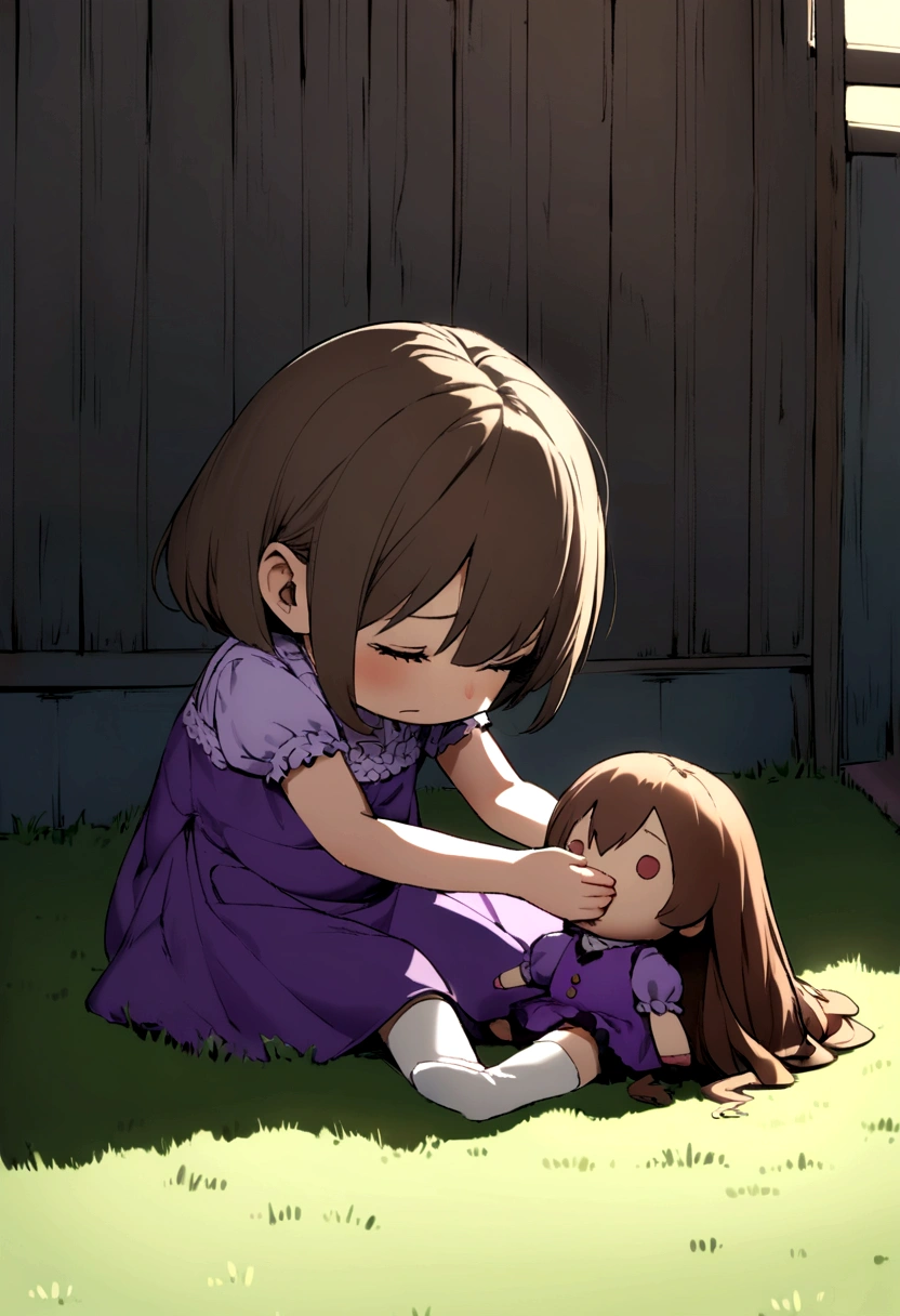 A  is playing a doll in her backyard in purple clothes her long brown hair is broken