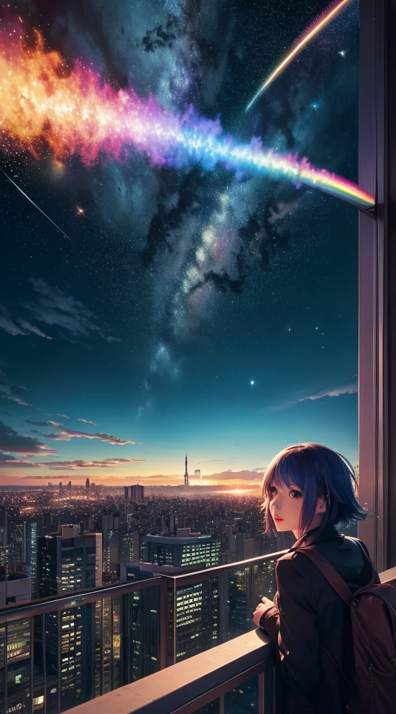 ((Rainbow giant shooting star))、Anime girl looking at the big city view,Near future city、 Makoto Shinkai Cyril Rolland, anime art wallpaper 4k, anime art wallpaper 4k, Anime Art Wallpapers 8K, Inspired by Cyril Rolland, Dan Mumford's Artwork Style, Awesome Wallpapers, by Yuumei