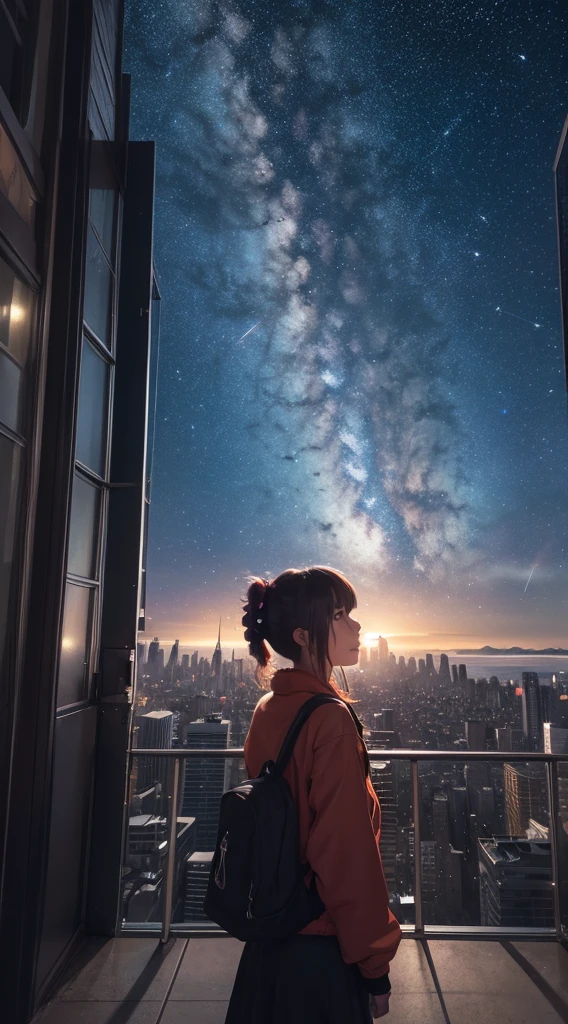 ((Rainbow giant shooting star))、Anime girl looking at the big city view,Near future city、 Makoto Shinkai Cyril Rolland, anime art wallpaper 4k, anime art wallpaper 4k, Anime Art Wallpapers 8K, Inspired by Cyril Rolland, Dan Mumford's Artwork Style, Awesome Wallpapers, by Yuumei