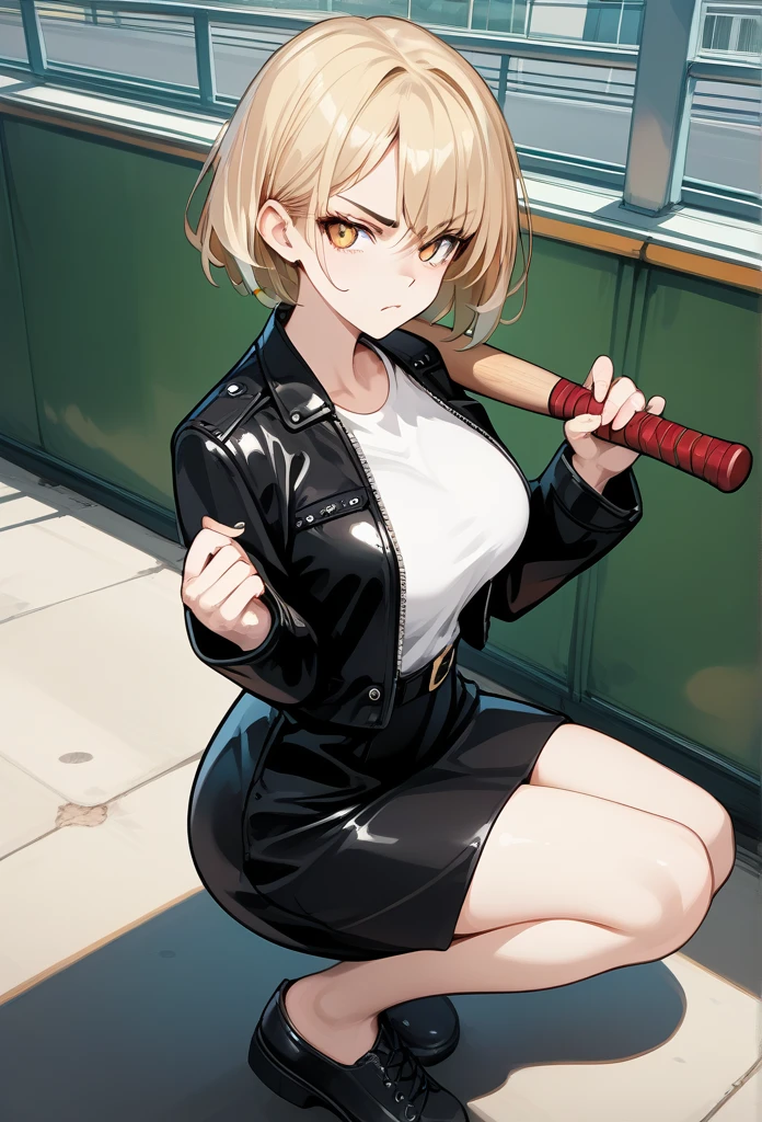 mature woman, mature face, hot face, golden eyes, short hair, blonde hair, annoyed expression, irritated face, mature body, curvy body, big breasts, black leather jacket, white shirt, short skirt, crouching, delinquent pose, behind school building, view from above, under shade, metal baseball bat resting on shoulder, holding metal baseball bat