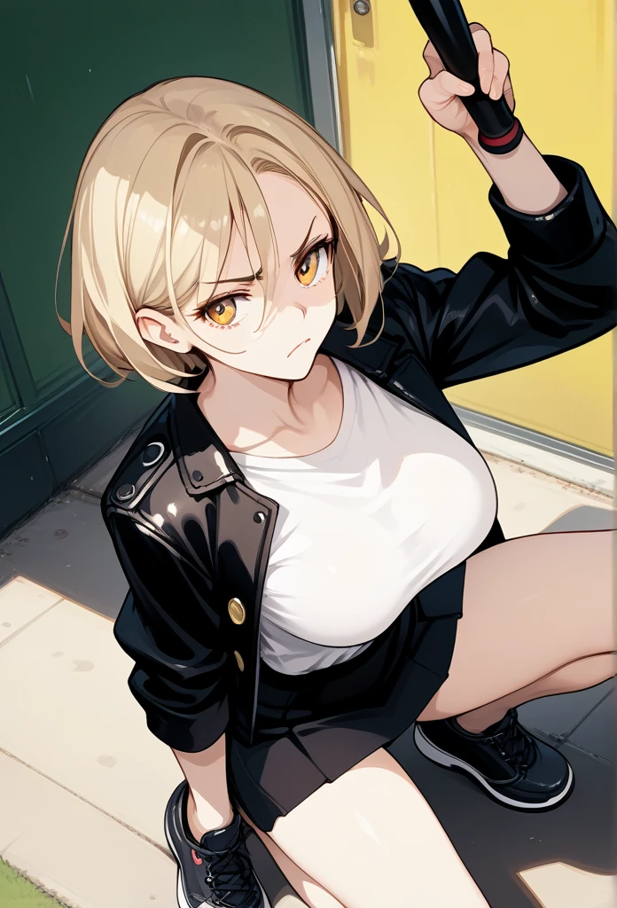 mature woman, mature face, hot face, golden eyes, short hair, blonde hair, annoyed expression, irritated face, mature body, curvy body, big breasts, black leather jacket, white shirt, short skirt, crouching, delinquent pose, behind school building, view from above, under shade, metal baseball bat resting on shoulder, holding metal baseball bat