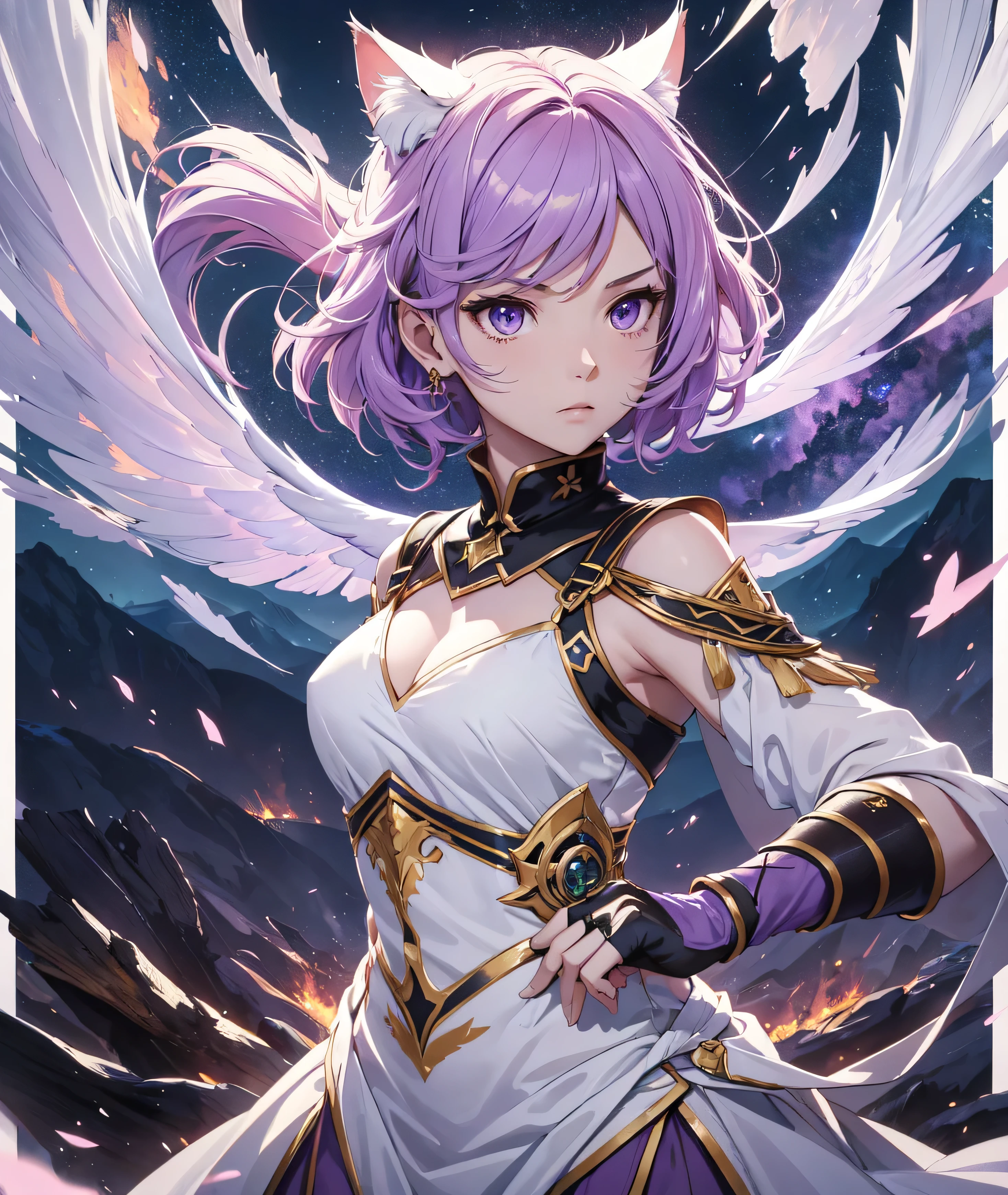 beautiful and delicate girl, clear and beautiful, Make your character the main point of view, glowing skin, female, 20 years old, Short hair, shortcut, Short hair, Beautiful and delicate glass hair, 칼을 휘두르는 female warrior 포즈, 크고 colorful swords, weapon, Attack moves to defeat enemies, full body pose, two handed sword, big knife, colorful swords ((greek costume, 2 Costume colors, white background, purple 패턴)) ((Clothes color White background, purple 패턴)) ((Double color, White, purple)) ((Use only two colors of clothing, White, purple))beautiful and delicate eyes, purple 눈, moderate chest, real skin texture, Very nice 8KCG wallpaper, Very cool 8K CG wallpaper, Watercolor (middle), female warrior, light orange hair, (((upper body cut))), (((Cat's ears dark purple))), (((dark, dark 밤, midnight))) (((nature background, mountain, wood))), ((outdoors)) Dynamic fighting stance with a sword, I can see my whole body, angle seen from a distance, Zoom out, 신foot, foot,