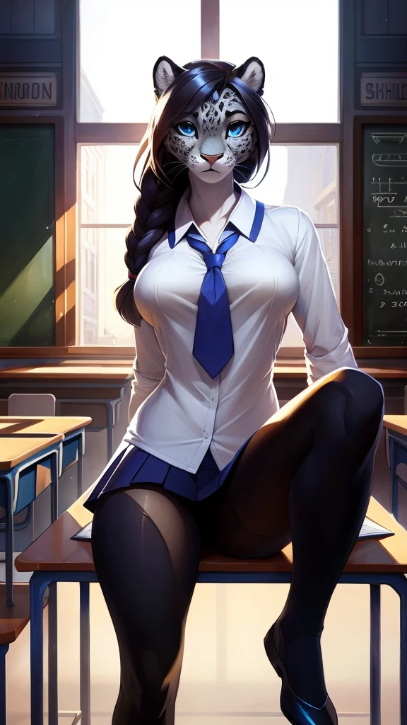 uploaded on e621, by Pixelsketcher, by Bayard Wu, by Thomas Benjamin Kennington, por Einshelm, (by Yakovlev), solo the second, ((portrait)), ((wear bold school uniform)), (detailed skin), (cinematic lighting), ((detailed background, classroom)), (half body shadow), [ambient light on the belly], [explicit content:1.2], [sharp focus], (questionable content), (shading), long braided hair, snow leopard, bold, average breasts, pectorals, the second art, high resolution commission, sakimichan is beautiful, Best Quality, detailed image, bright colors, detailed face, perfect lighting, perfect shadows, Perfect eyes, focus on the girl, Perfect face, beautiful body, hourglass body, shiny body, legs focus, look at the viewer, half closed eyes, 1 girl, whole body, (Best Quality), (illustration), (cinematic lighting), (balanced coloring:1.2), the second, showing breasts, neckline, attractive body, sexy body, looking at a spectator, seductive look, thick thighs, shaped body, best tights, offering pose, Open legs pose, (nice legs), Focus on the legs, ((sexy legs in nylon)), 