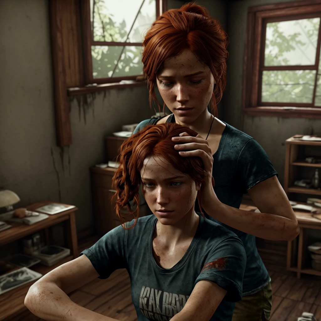 I'd like to create a red-haired woman, tying her hair with a black rubber band while she's in her apartment (not very in good condition) in just a t-shirt on. The last of us part 1 theme. 
