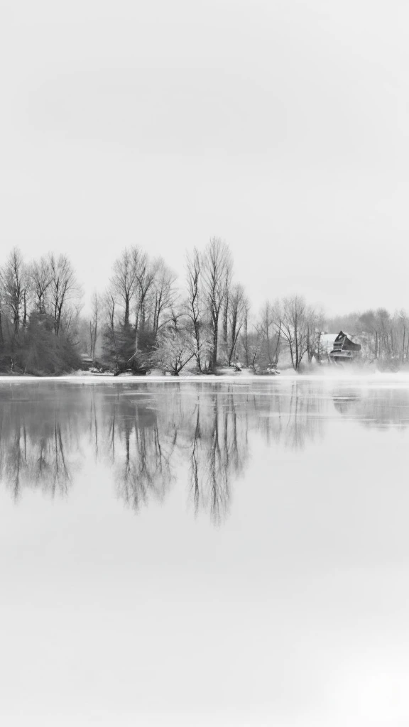 Aerial view of the lake,Trees and benches in the foreground, White isolate, Gentle reflections, Colorless and Soundless, Soft colors monochrome, White isolates, Cold fog, Winter lake scenery, Frozen Lake, inspired by Arthur Burdett Frost, Soft Mist, Reflective images, peaceful, Grayscale photography, Soft water reflections