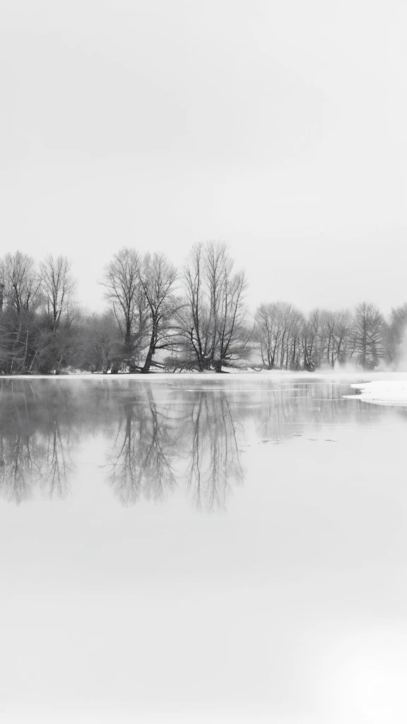 Aerial view of the lake,Trees and benches in the foreground, White isolate, Gentle reflections, Colorless and Soundless, Soft colors monochrome, White isolates, Cold fog, Winter lake scenery, Frozen Lake, inspired by Arthur Burdett Frost, Soft Mist, Reflective images, peaceful, Grayscale photography, Soft water reflections