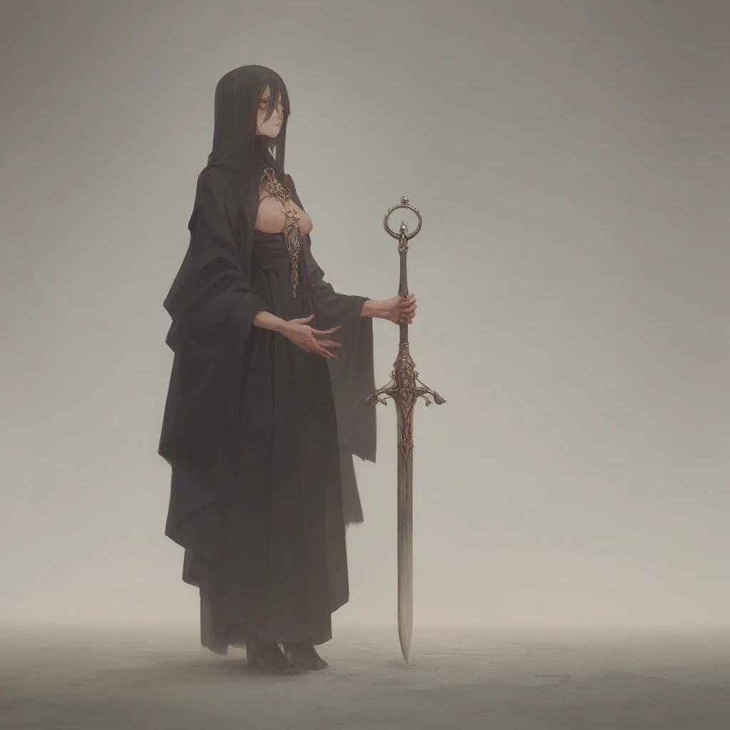 Woman holding a giant sword,Black Robe, Decayed ornaments,Gives a sense of fear to those who see it, Once known as the Sword Saint,In charge of divine punishment, Strong feeling, I am aware of this, pale colour, Highest quality, Horror, Corpses all around,Dark Light
