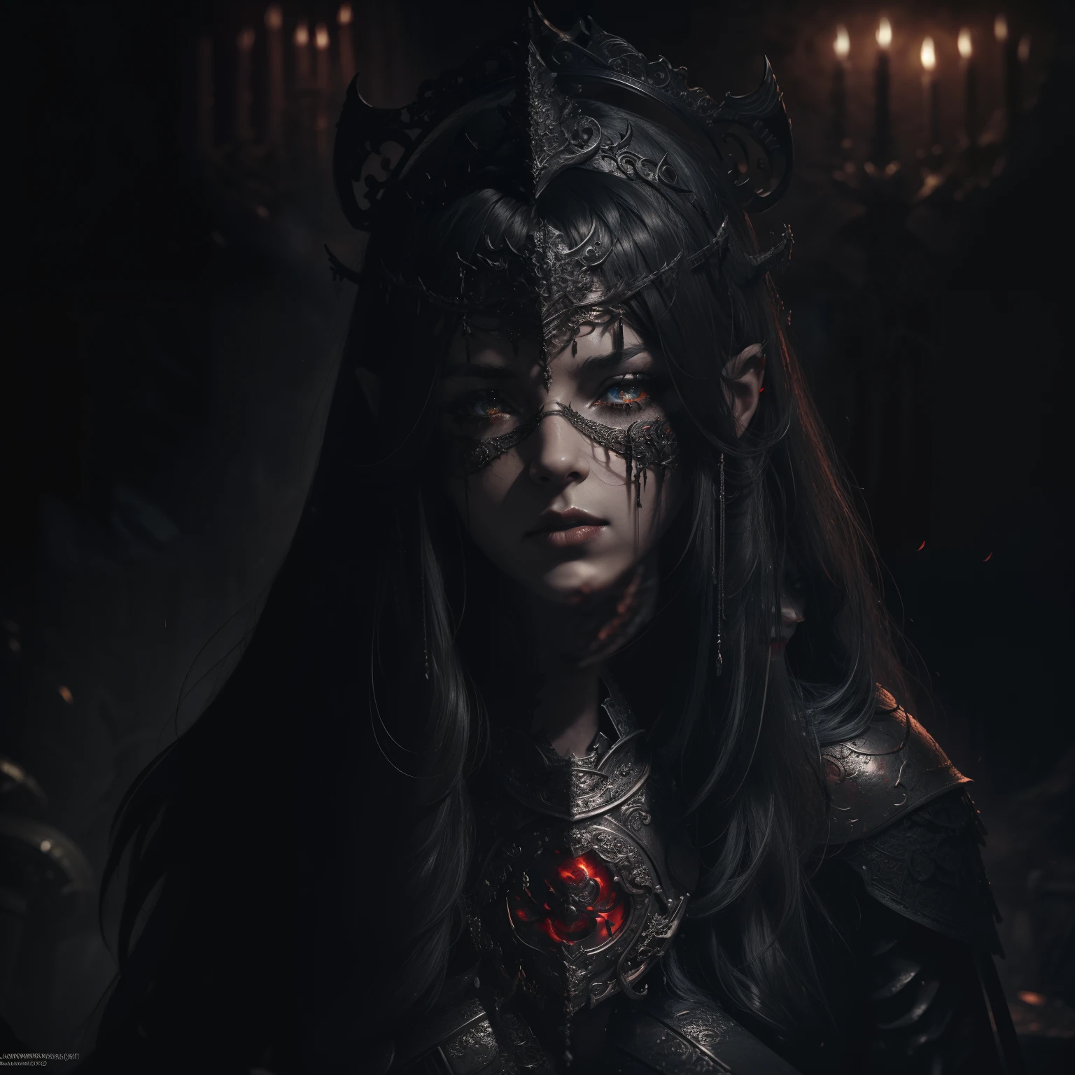 ((masterpiece, ultra detailed)), conceptual art, illustration, digital art, 1 girl, One, pale young woman surrounded by black smoke with ash ((angry face)) hidden in a gothic cathedral, ( (very long Hair, black Hair)),((red iris and pupil)), knight, silver black knight armor, ((incredibly beautiful)), Beautiful eyes, dynamic pose, combat position is ready, elegant pose, red ash, black volumetric smoke dense dark theme,  black smoke with ash, dark theme, HDR, blossom, bright, dimming lighting, backlight, Cinematic lighting, soft lighting, daylight, dramatic lighting, dark lighting, (ornate), difficult, very detailed, hyperrealistic, trending at artstation, award-winning, charming, elegant, Raw photo, absurdity, A high resolution, 4K, studio quality, Octane number, 8k contract, League of Legends close up, A splash of art, Ha,  Ionia, Noxian armor, Various lighting