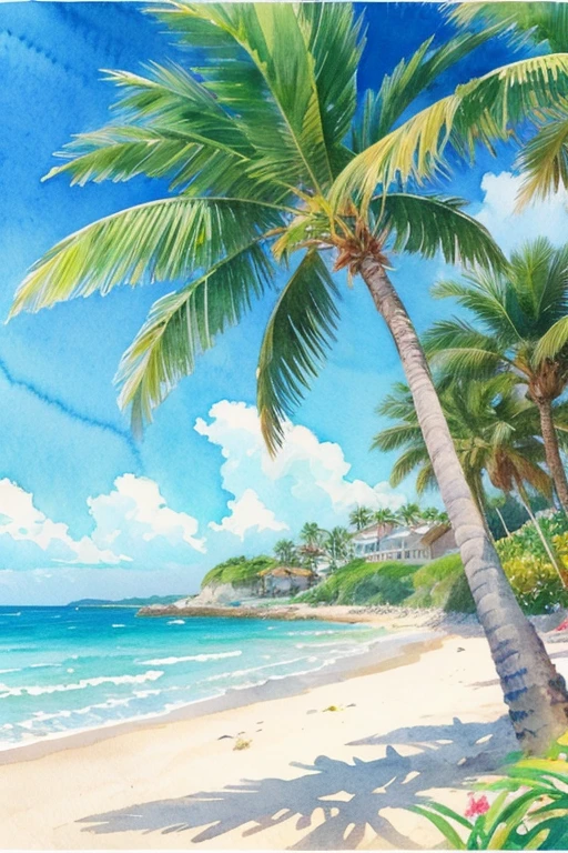 Watercolor illustration of summer seaside with palm trees and flowers