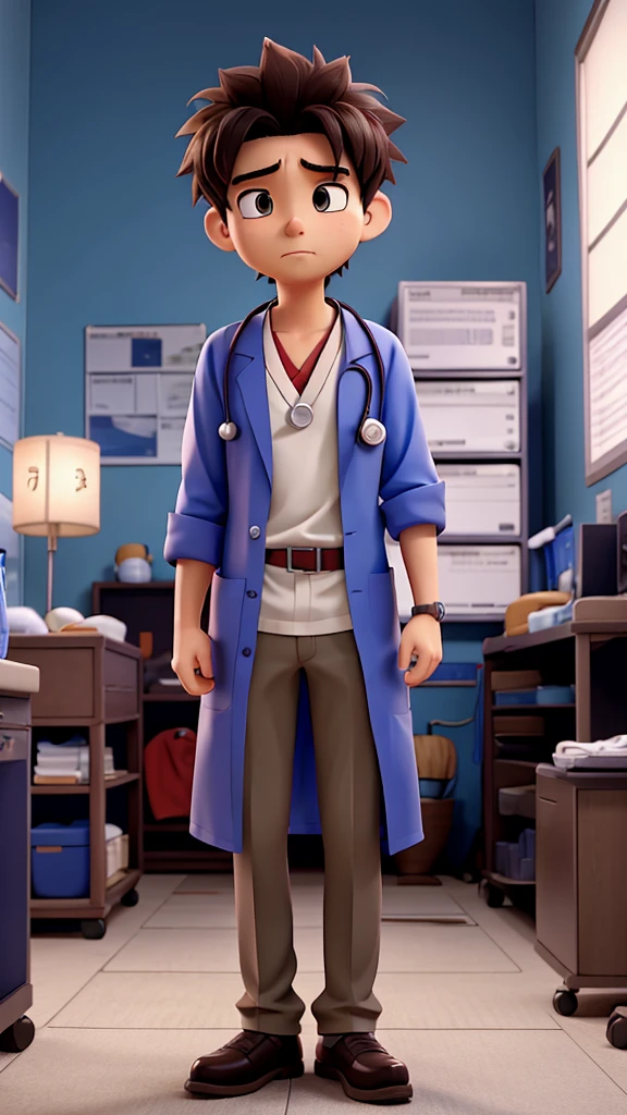 An anime-style scene showing a worried patient explaining his sleep troubles to a serious-looking doctor,