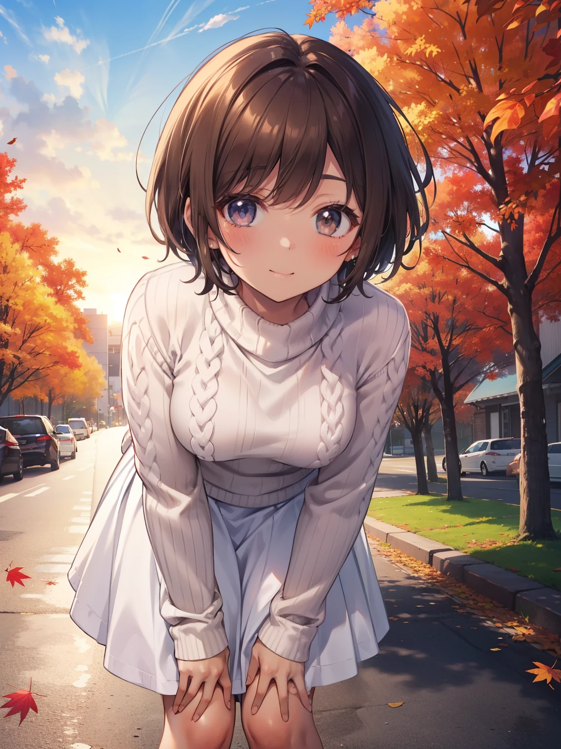 ((Highest quality, High resolution,  Perfect Pixel,  4K)),  (Beautiful Anime Girls), Depth of written boundary、
looking at viewer, 

short hair, Baby Face、Detailed eyes、Round face、he is short、
 
Brown Hair、(Brown Skin:1.5)、

(sunset),(autumn leaves), street、
(Leaning forward, Place your hands on your knees:1.3)、

(White knit sweater:1.3),(Long skirt:1,1),
(smile),

blush、

Wind、