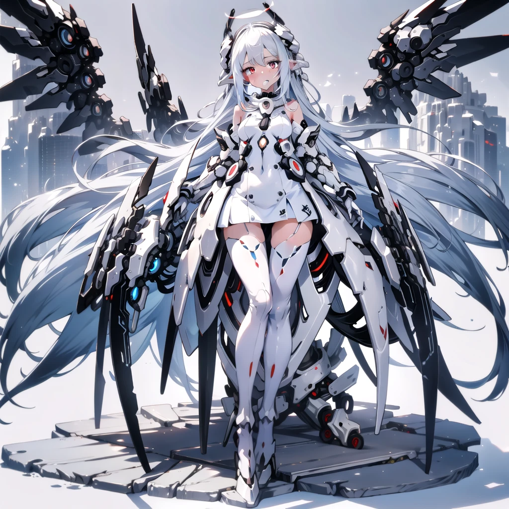 masterpiece, highest quality, highest resolution, clear_image, detailed details, White hair, long hair, cat ears, 1 girl, red eyes, white pantyhose, sci-fi dress, white scarf (white scarf around the neck with a light blue glow), gray futuristic halo (gray halo over the head), white wings (6 wings), cute, full body, no water marks, snow, normal ears