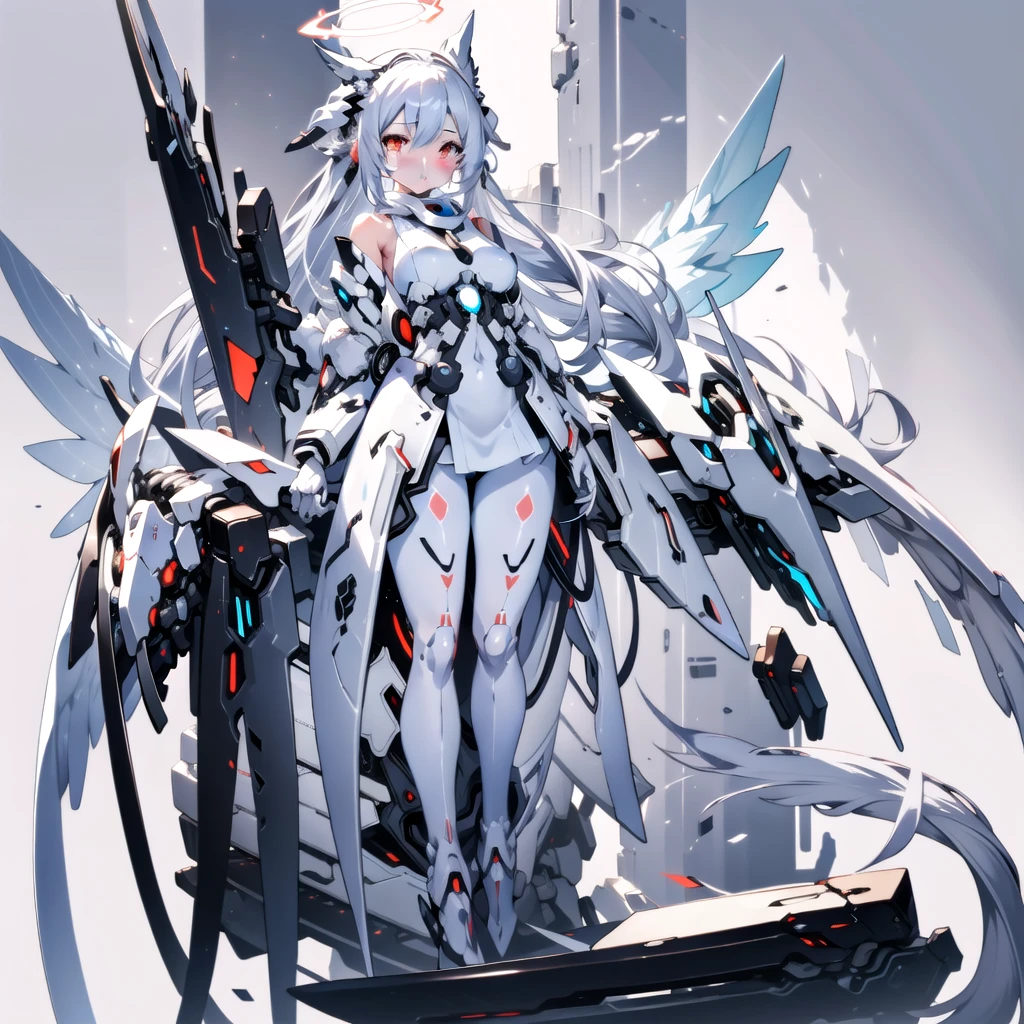 masterpiece, highest quality, highest resolution, clear_image, detailed details, White hair, long hair, cat ears, 1 girl, red eyes, white pantyhose, sci-fi dress, white scarf (white scarf around the neck with a light blue glow), gray futuristic halo (gray halo over the head), white wings (6 wings), cute, full body, no water marks, snow, normal ears