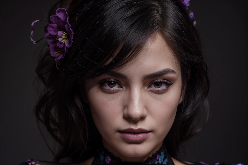 eugene fashion model eugene mok for dan rohmer, in the style of rebeca saray, dark black and violet, floral motifs, photorealistic detail, uhd image, caras ionut, detailed facial features