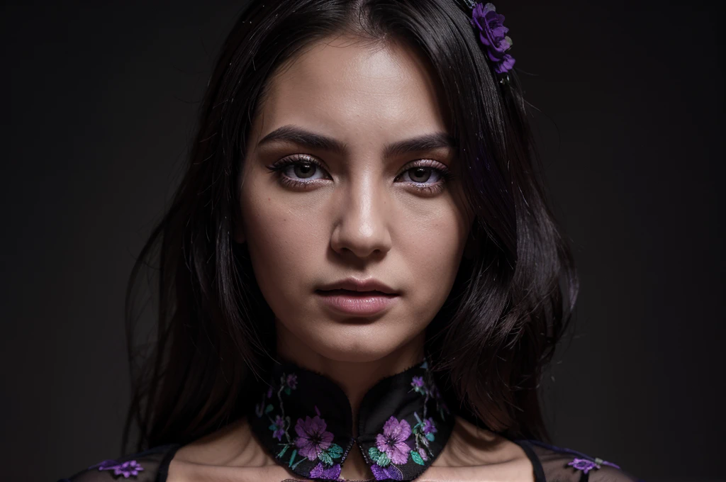 eugene fashion model eugene mok for dan rohmer, in the style of rebeca saray, dark black and violet, floral motifs, photorealistic detail, uhd image, caras ionut, detailed facial features
