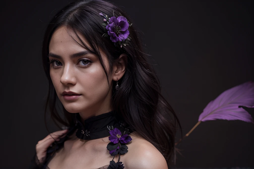 eugene fashion model eugene mok for dan rohmer, in the style of rebeca saray, dark black and violet, floral motifs, photorealistic detail, uhd image, caras ionut, detailed facial features