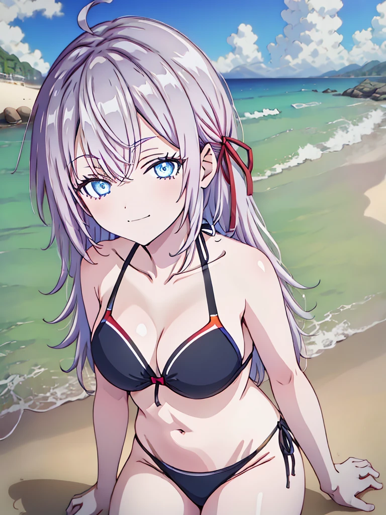 1girl, alya, white hair, long hair, hair ribbon, blue eyes, bikini,, in all four, smug face, beach, anime style, 2D