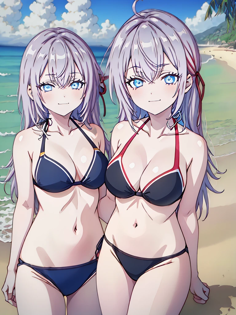 1girl, alya, white hair, long hair, hair ribbon, blue eyes, bikini,, in all four, smug face, beach, anime style, 2D