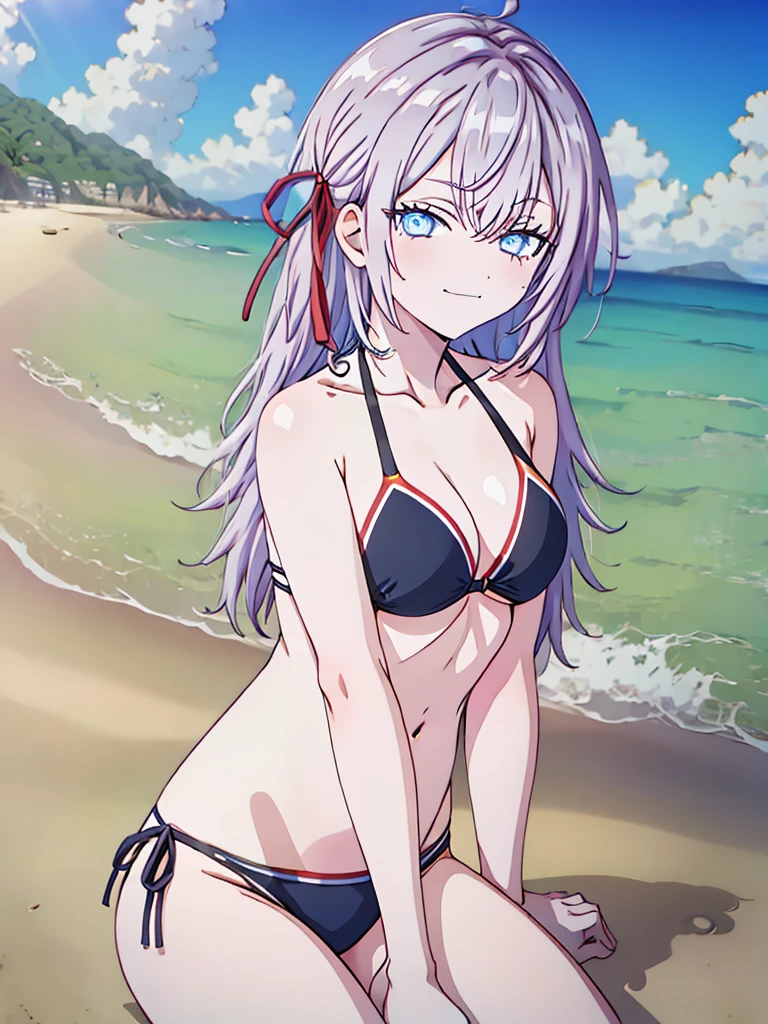 1girl, alya, white hair, long hair, hair ribbon, blue eyes, bikini,, in all four, smug face, beach, anime style, 2D