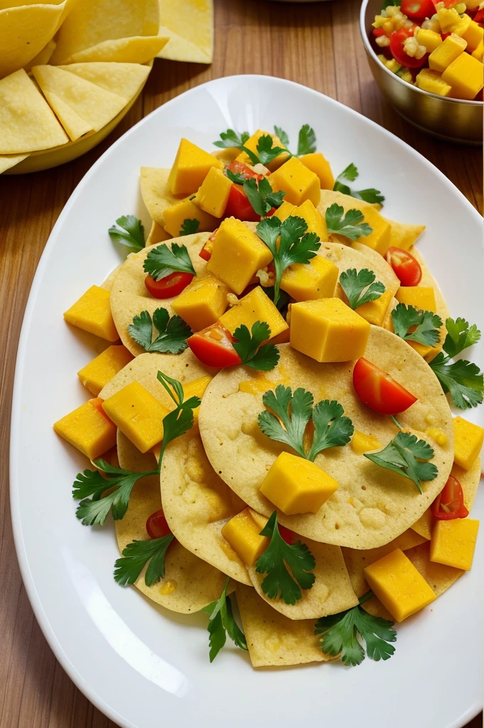 Give me a picture of Papad based canapes with the the mix of diced payapa, diced tomato, diced mango, the hung curd are there and garnished by coriander leaves. In India we call the dish as Papdi chat. So we can serve the dish as fruit papdi chat.