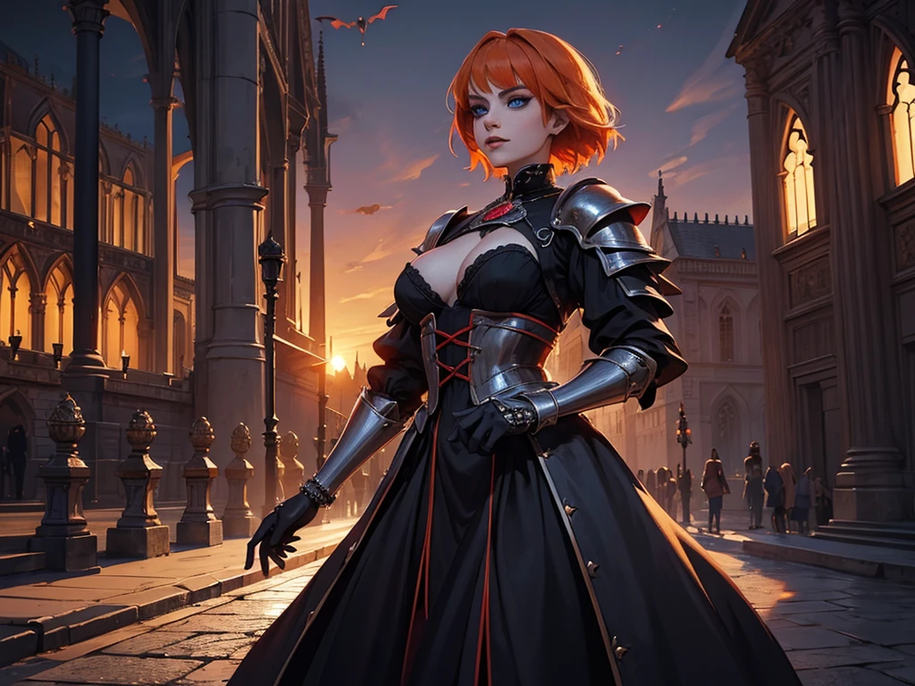 A beautiful and wonderful vampire woman, extremely detailed, short orange hair, wearing extremely detailed gothic armor, blue eyes in medieval public square, palace, crepúsculo, 8k, linda, sacerdotisa, crepúsculo, entardecer, vampira, gothic armor.