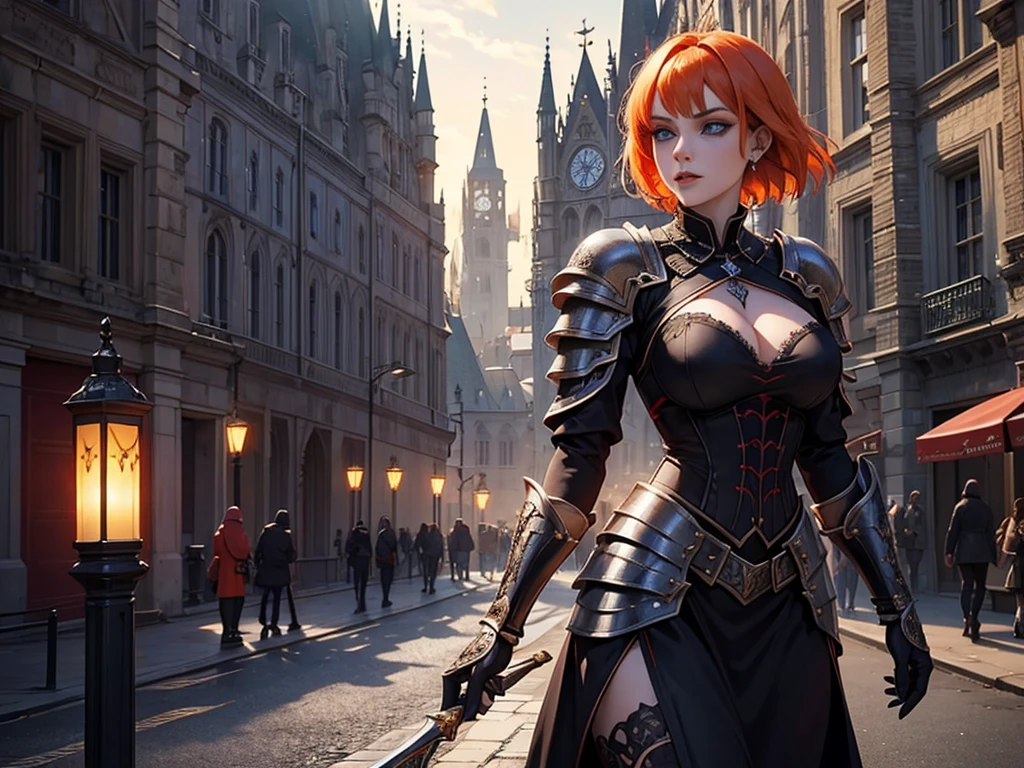 A beautiful and wonderful vampire woman, extremely detailed, short orange hair, wearing extremely detailed gothic armor, blue eyes in medieval public square, palace, crepúsculo, 8k, linda, sacerdotisa, crepúsculo, entardecer, vampira, gothic armor.
