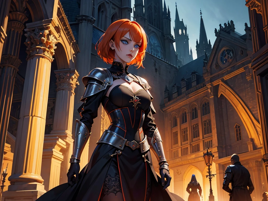 A beautiful and wonderful vampire woman, extremely detailed, short orange hair, wearing extremely detailed gothic armor, blue eyes in medieval public square, palace, crepúsculo, 8k, linda, sacerdotisa, crepúsculo, entardecer, vampira, gothic armor.