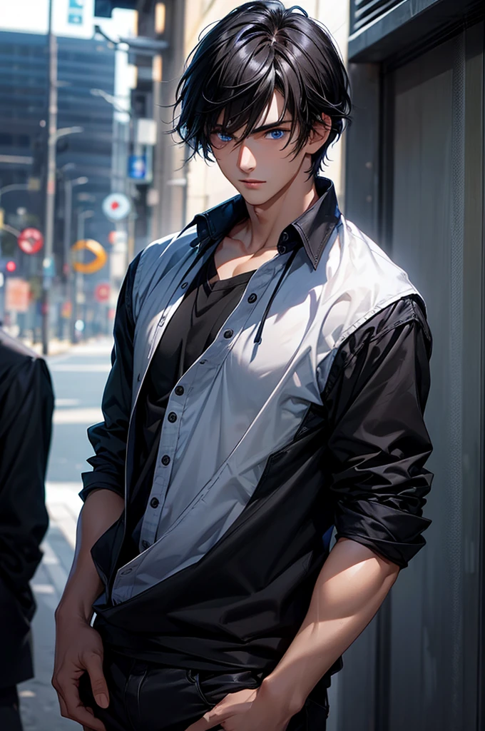 A boy wearing a , black hair with bangs and blue eyes and very handsome
