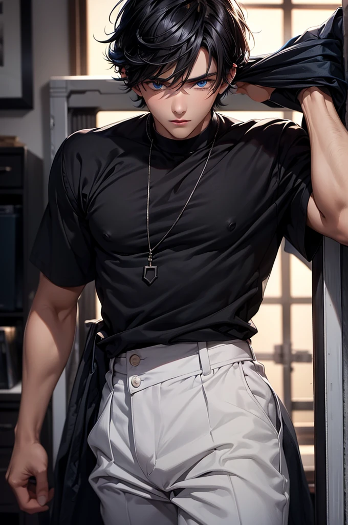 A boy wearing a , black hair with bangs and blue eyes and very handsome