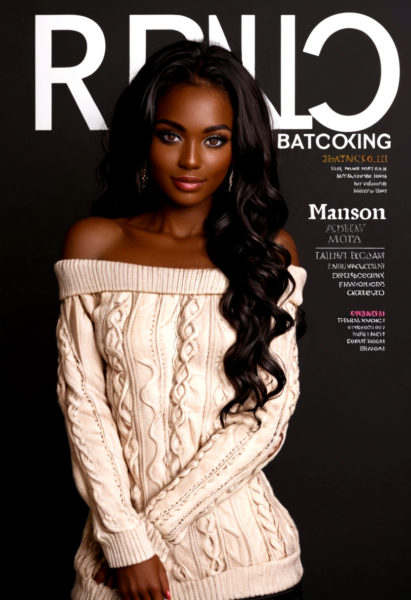 Magazine cover,Long hair,Beautiful sexy black woman(Wear an off-shoulder sweater),,(dark skin),E7E48U，excited，Small Breasts，pubic hair