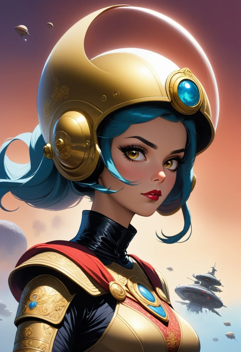 Future Sci-Fi Space War,A woman wearing a helmet, Stephen Hickman, Beautiful vintage art, Mars Attacks, Gilded Lotus Princess, Published in cgsociety, The Last Day of the Universe, Queen of Persia, Kirill Leonov, By Jason A. Engel, Barbarela